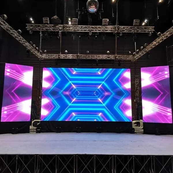 Indoor modular LED wall stage configuration with vibrant content