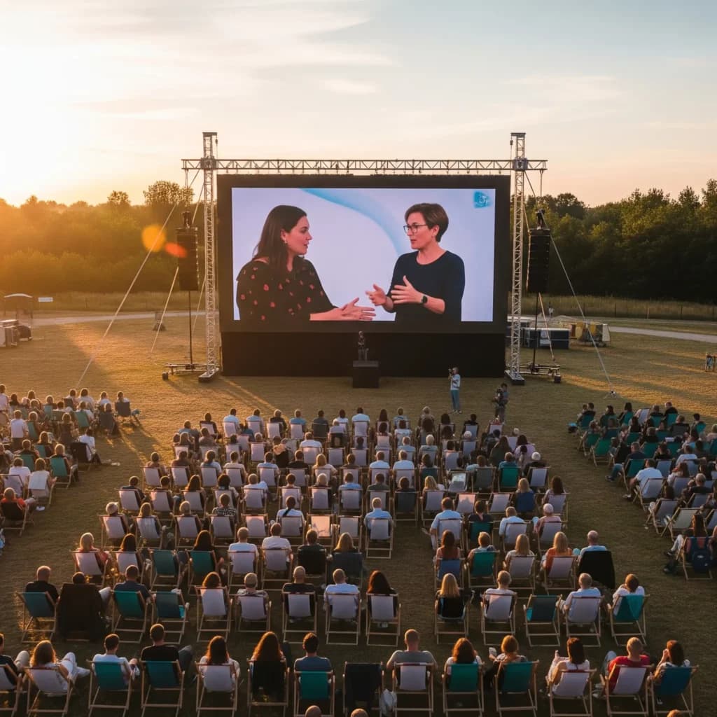 Crowd seated outdoors at dusk in front of a large LED screen