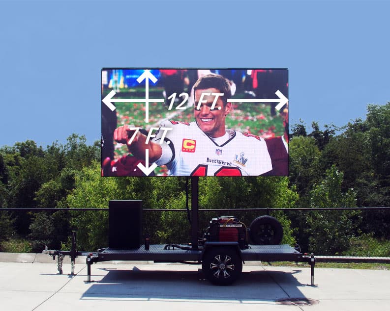 Astro Pixel 12 by 7 foot mobile LED trailer with screen size callouts